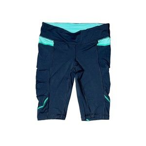 Lululemon Athletica Women’s Biker Shorts Ruched Black Green Striped Zip Pocket 4